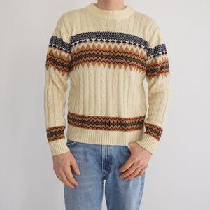 Vintage JC Penney Cream Nordic Fair Isle Cable Knit Heritage Crewneck Sweater